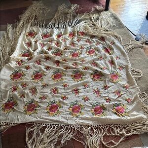 Antique 1920s Lg 50x50Embroidered Silk Piano Shawl Pink Flowers and Fringe As Is